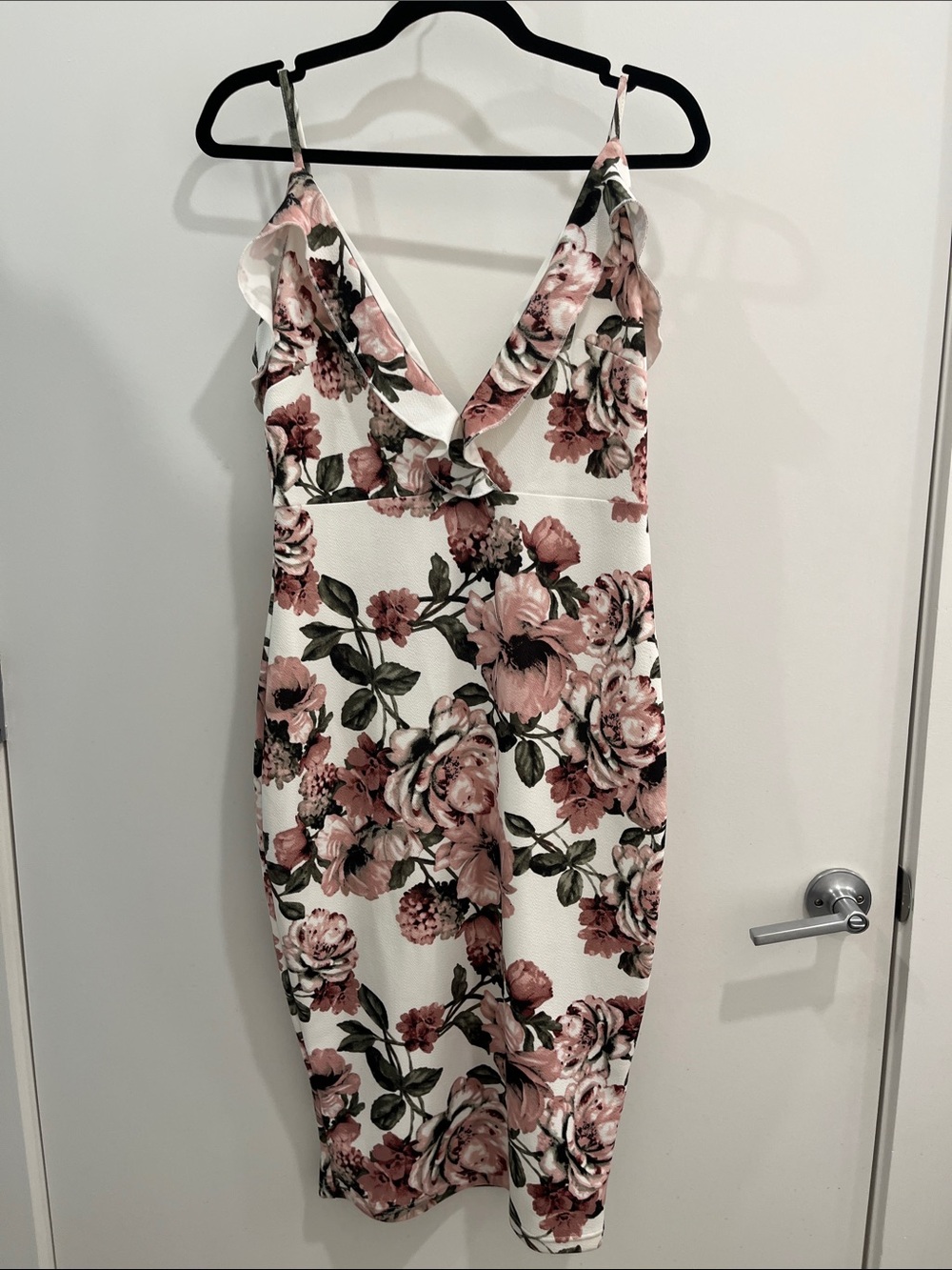 Revamped White Midi Dress with Pink Floral Print- size Large NWT